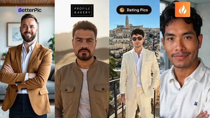 Different AI dating photo generator apps and platforms with examples from Dating Pics, Aragon, ProfileBakery, and free tools showing quality variations