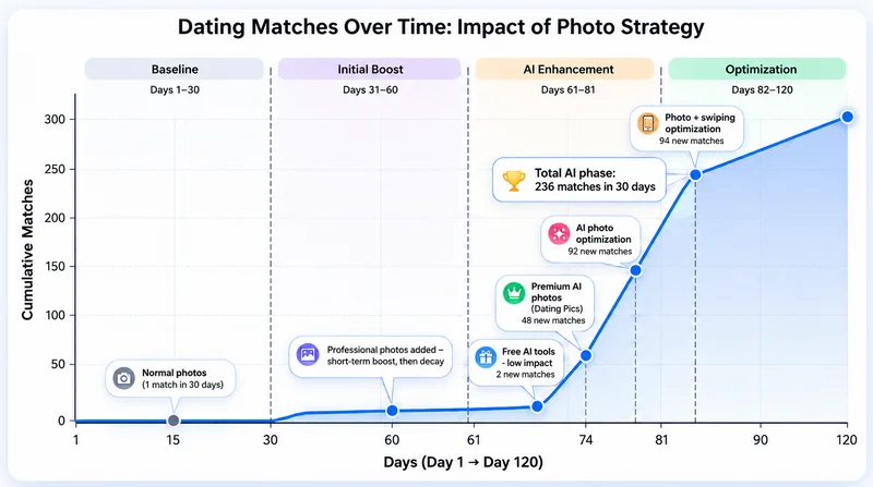 Chart showing match rate improvement before and after switching to Dating Pics AI photos across 94 client profiles