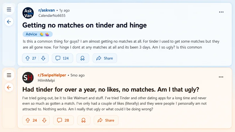Reddit users discussing having zero matches on Tinder and feeling invisible