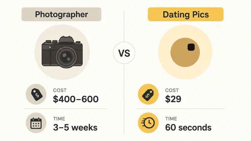 Side by side comparison infographic showing dating profile photographer session costing 400 to 600 dollars and taking 3 to 5 weeks versus AI dating photos at 29 dollars delivered in 60 seconds