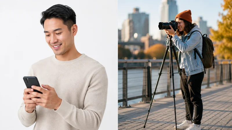 Dating profile photographer session vs AI generated dating photos comparison showing cost and time differences