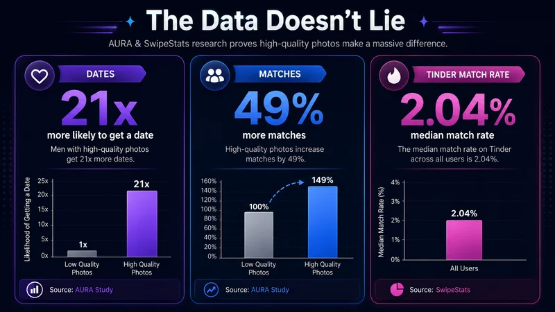 Match rate data comparing professional photography versus AI dating photos showing improvement statistics