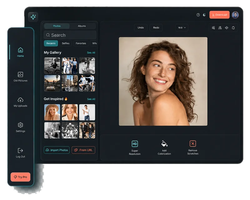 Face26 interface showing AI photo enhancement tools for upscaling and colorization