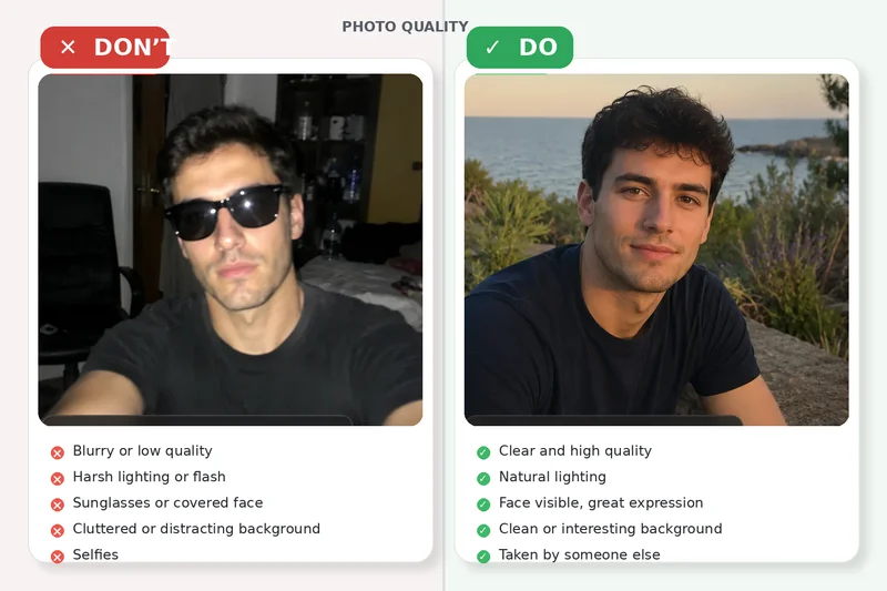 Comparison of a bad Tinder lead photo with harsh flash and cluttered background versus a good lead photo with natural light and a genuine expression