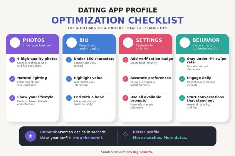 Tinder profile optimization checklist covering photos, bio, settings, and behavior categories for men