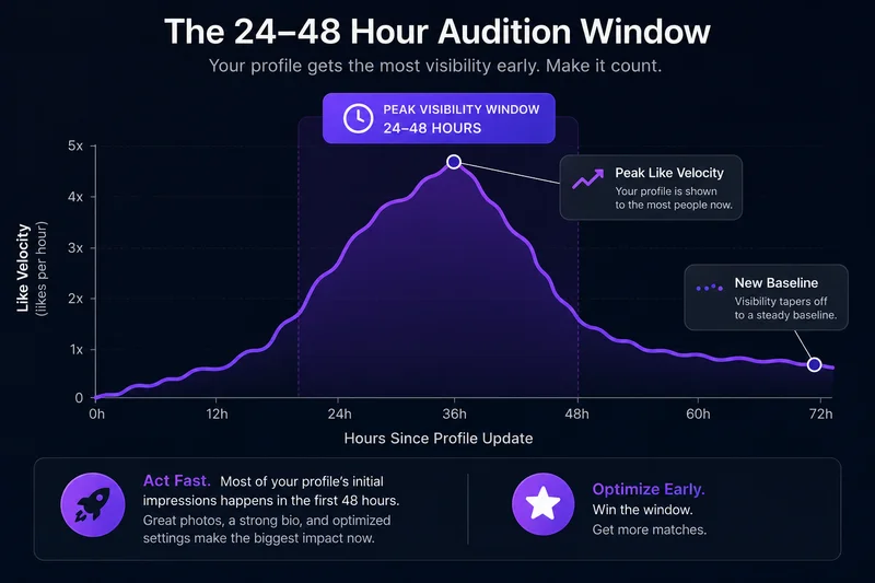 Chart showing the spike in Tinder like velocity during the 24 to 48 hour visibility window after a profile photo update, tapering to a new baseline