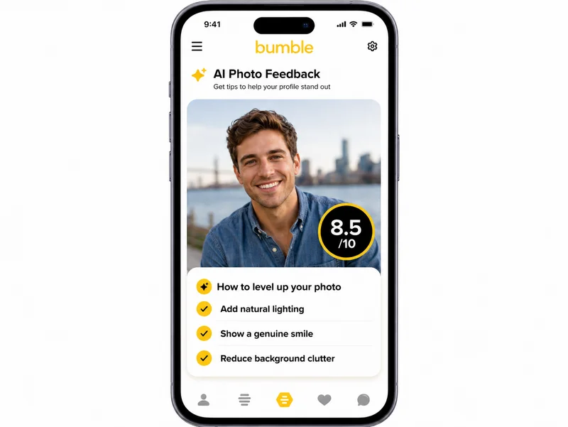 Bumble photo feedback tool showing AI analysis of profile photos with scoring and improvement suggestions