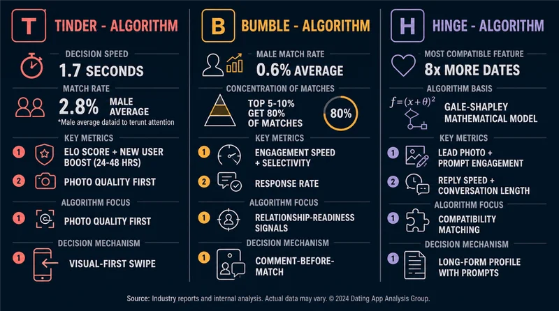 Bumble vs Tinder vs Hinge algorithm comparison