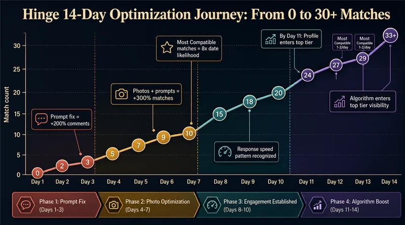 Timeline graph showing 6-step Hinge optimization strategy with expected results progression from zero matches to consistent matches over 2 weeks