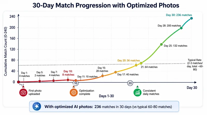 Timeline visualization of Tinder recovery results showing progression from zero matches through first matches to consistent daily matches over weeks